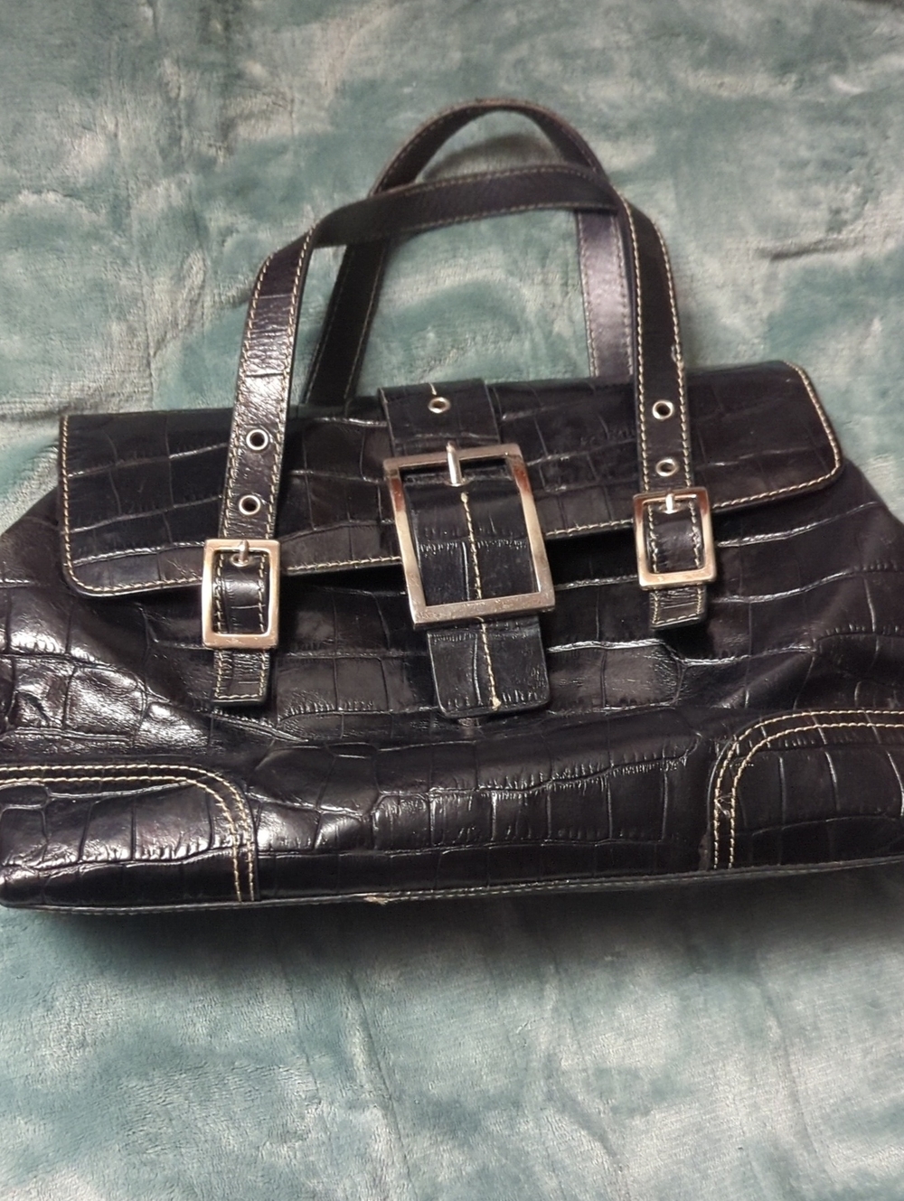 9-Maximum Black Croc-Embossed Satchel with Buckle Detail. Pre-loved.